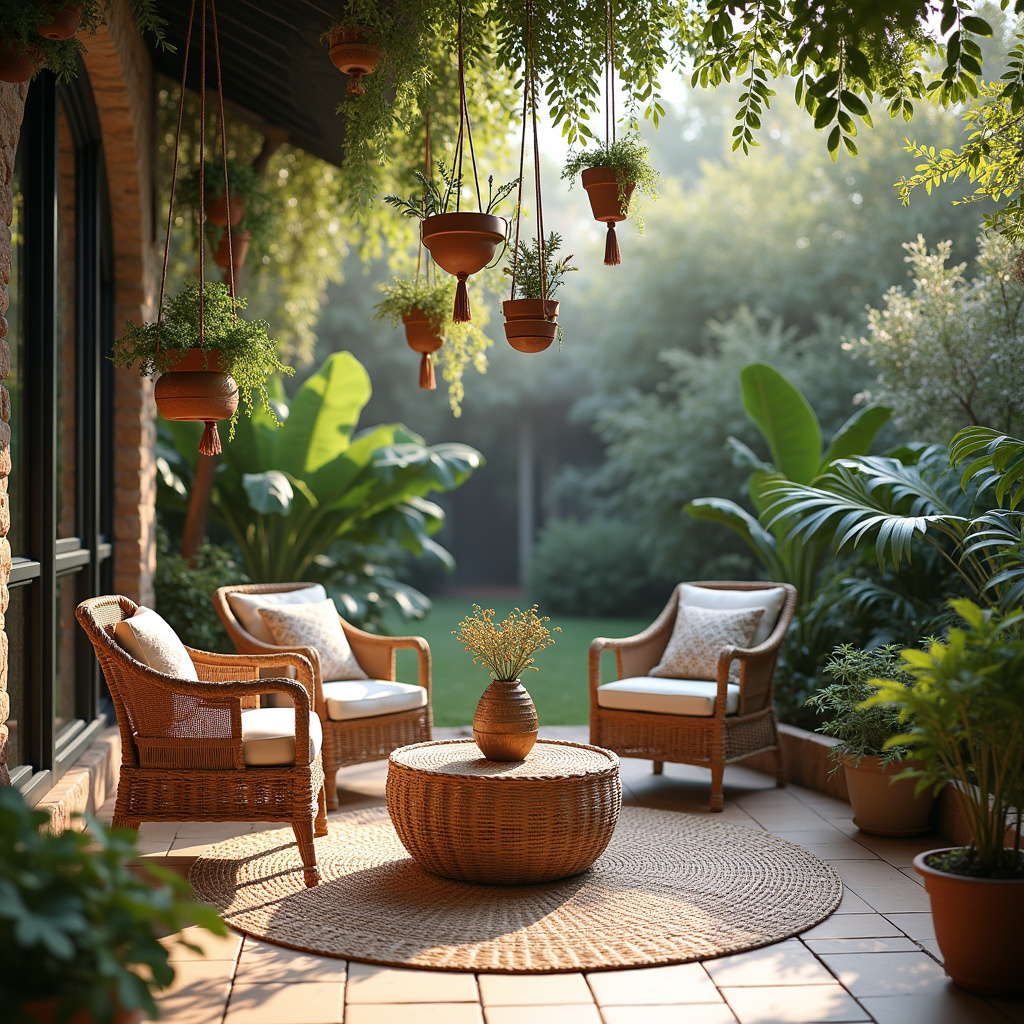 Jardim de inverno com vasos suspensos.
