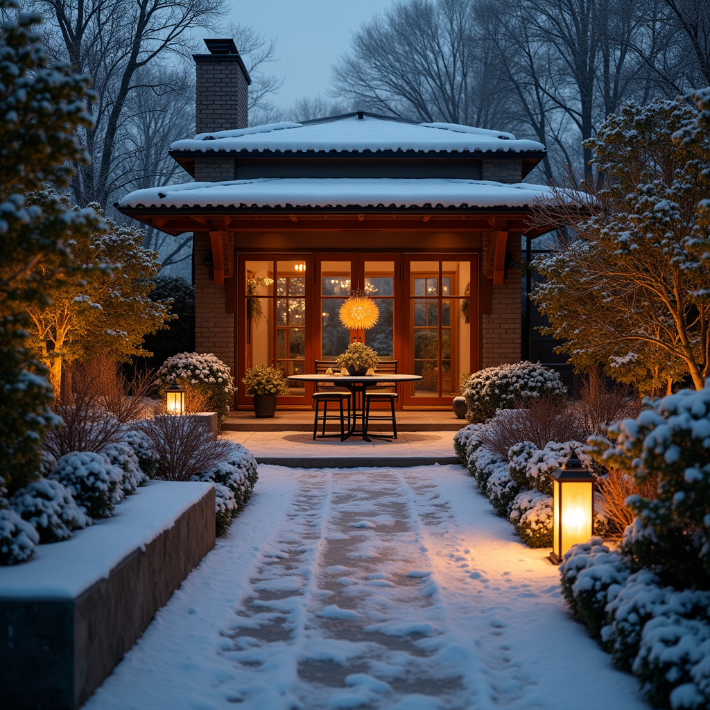 Jardim de inverno com iluminação destacando as plantas.