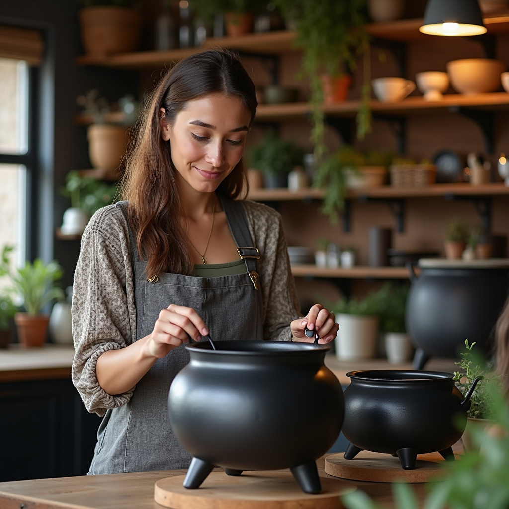 Woman choosing witch cauldron pot in kitchenware store, variety of sizes, Brazilian customer, Mulher escolhendo panela caldeirão em loja.