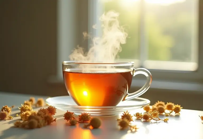 Xícara de chá de alfafa fumegante com folhas secas ao redor.