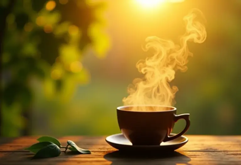 Xícara de chá de amora fumegante ao nascer do sol