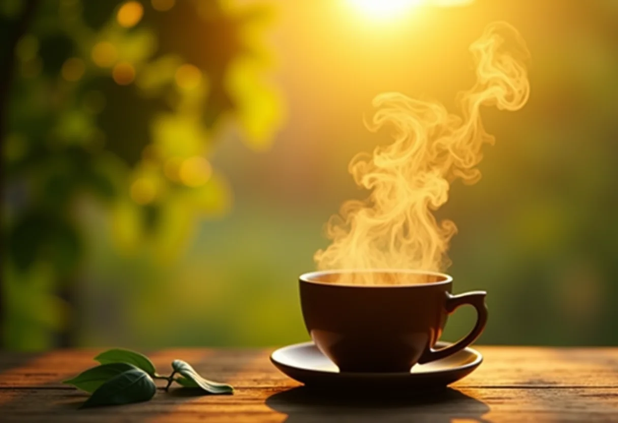 Xícara de chá de amora fumegante ao nascer do sol