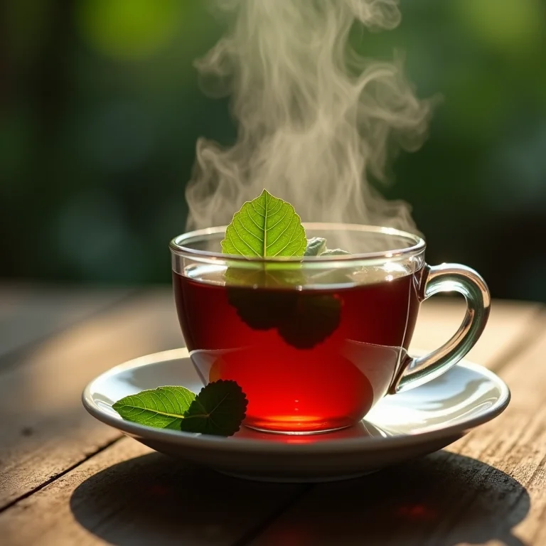 Xícara de chá de azedinha com folhas frescas