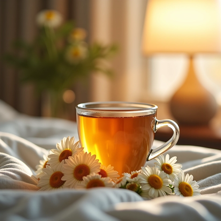 Xícara de chá de camomila com flores de camomila ao redor.