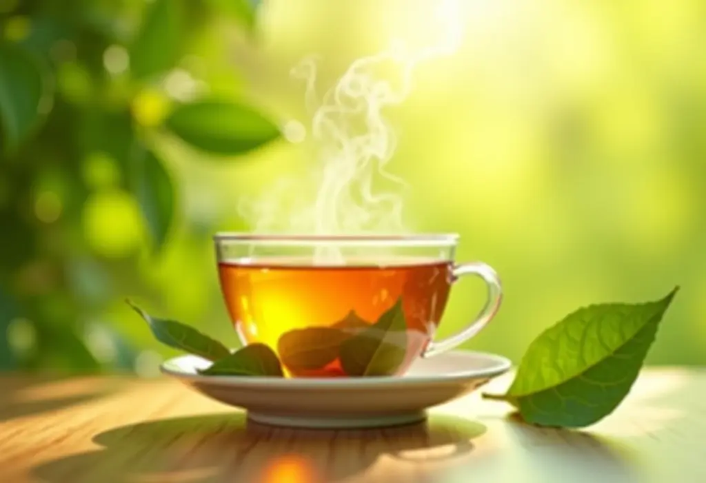 Xícara de chá de folha de amora fumegante sob luz natural