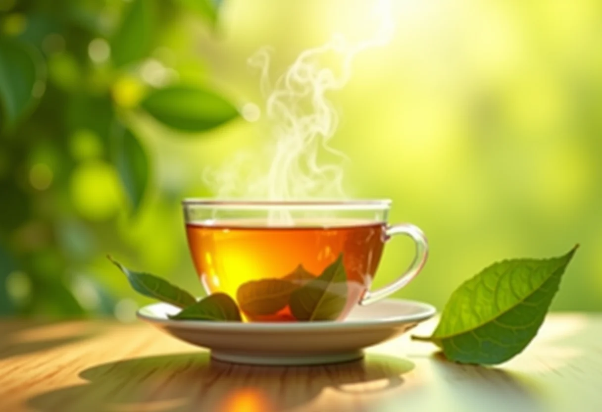 Xícara de chá de folha de amora fumegante sob luz natural