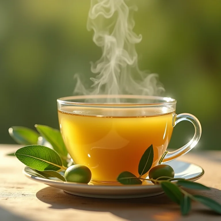Xícara de chá de folha de oliveira fumegante ao lado de folhas frescas.