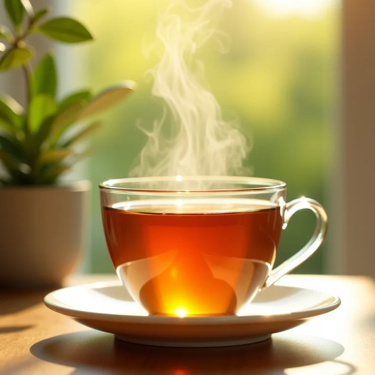 Xícara de chá de folha de oliveira fumegante.