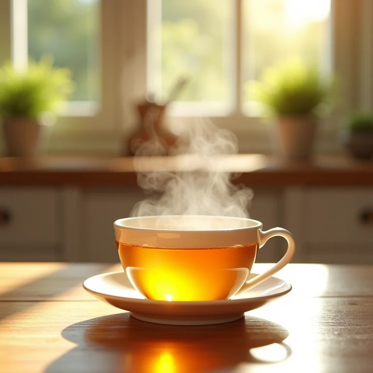 Xícara de chá de funcho fumegante em mesa de madeira
