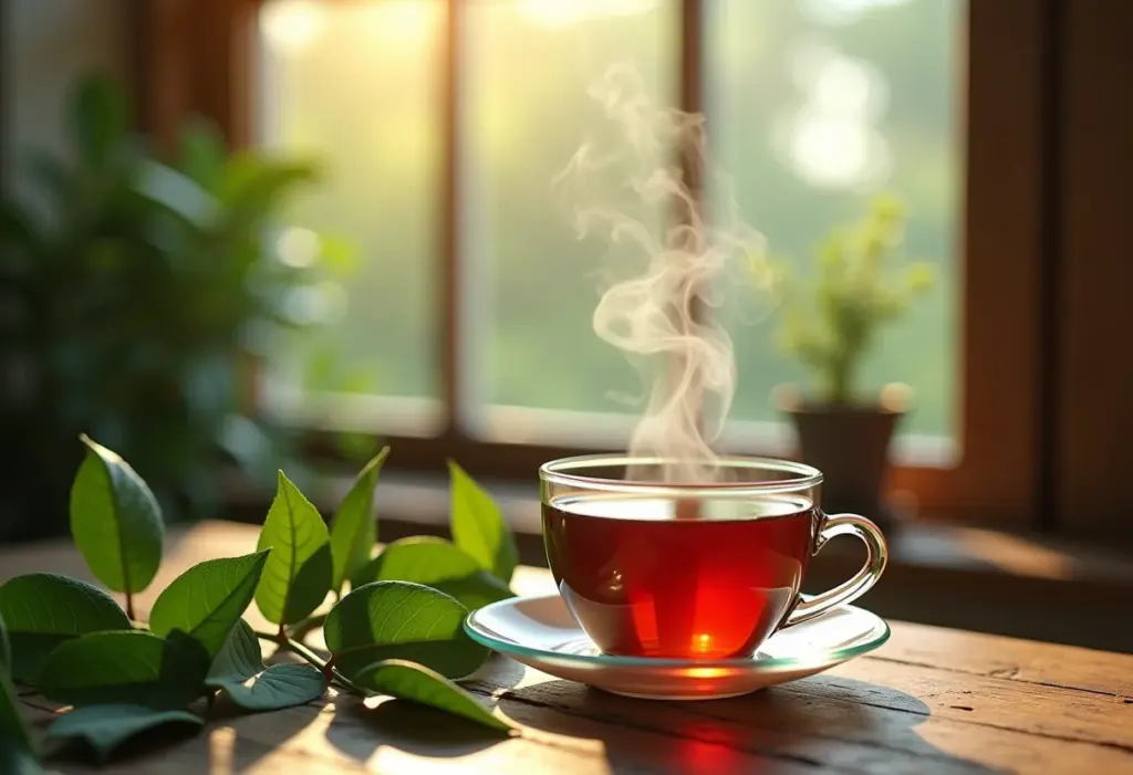 Xícara de chá de poejo fumegante em mesa de madeira rústica