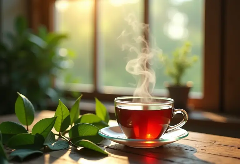 Xícara de chá de poejo fumegante em mesa de madeira rústica