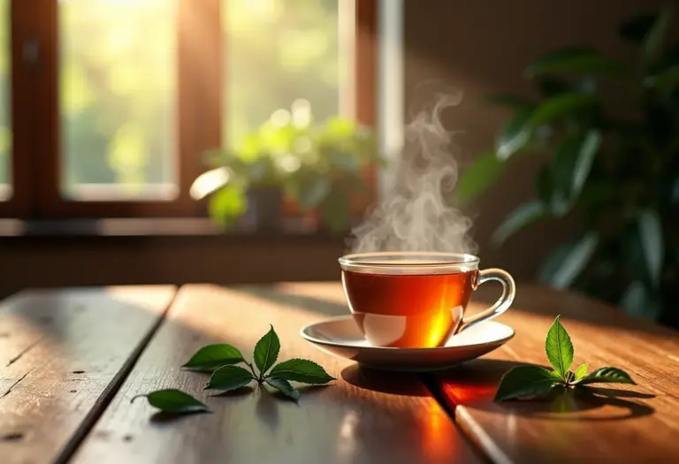 Xícara de chá de poejo fumegante em mesa de madeira rústica