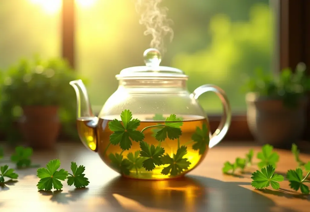 Xícara de chá de salsa fumegante em luz natural