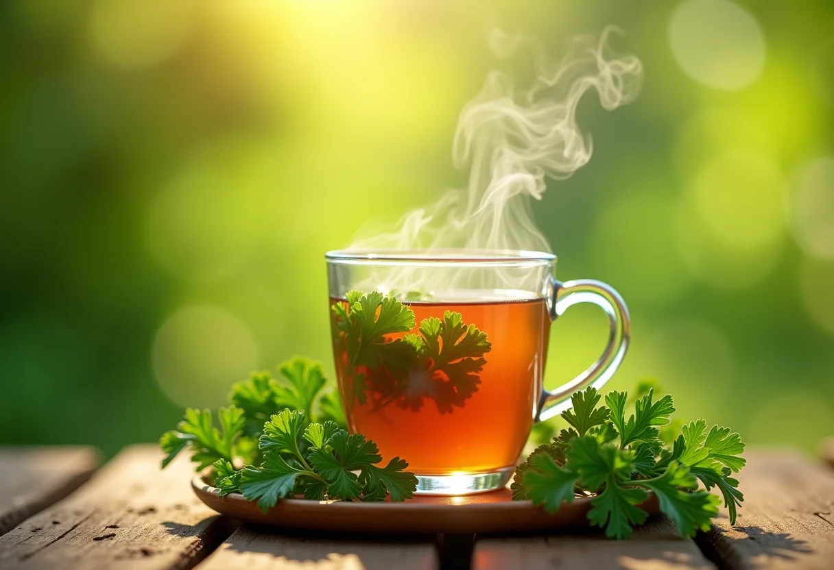 Xícara de chá de salsa fumegante em mesa de madeira rústica com salsa fresca ao redor.
