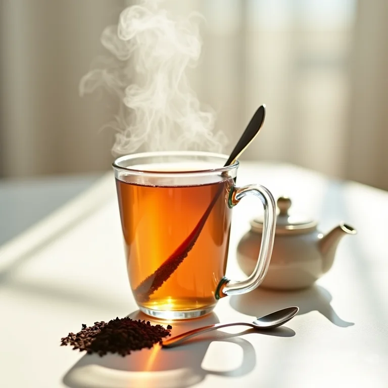 Xícara de chá de sucupira fumegante com bule e folhas soltas