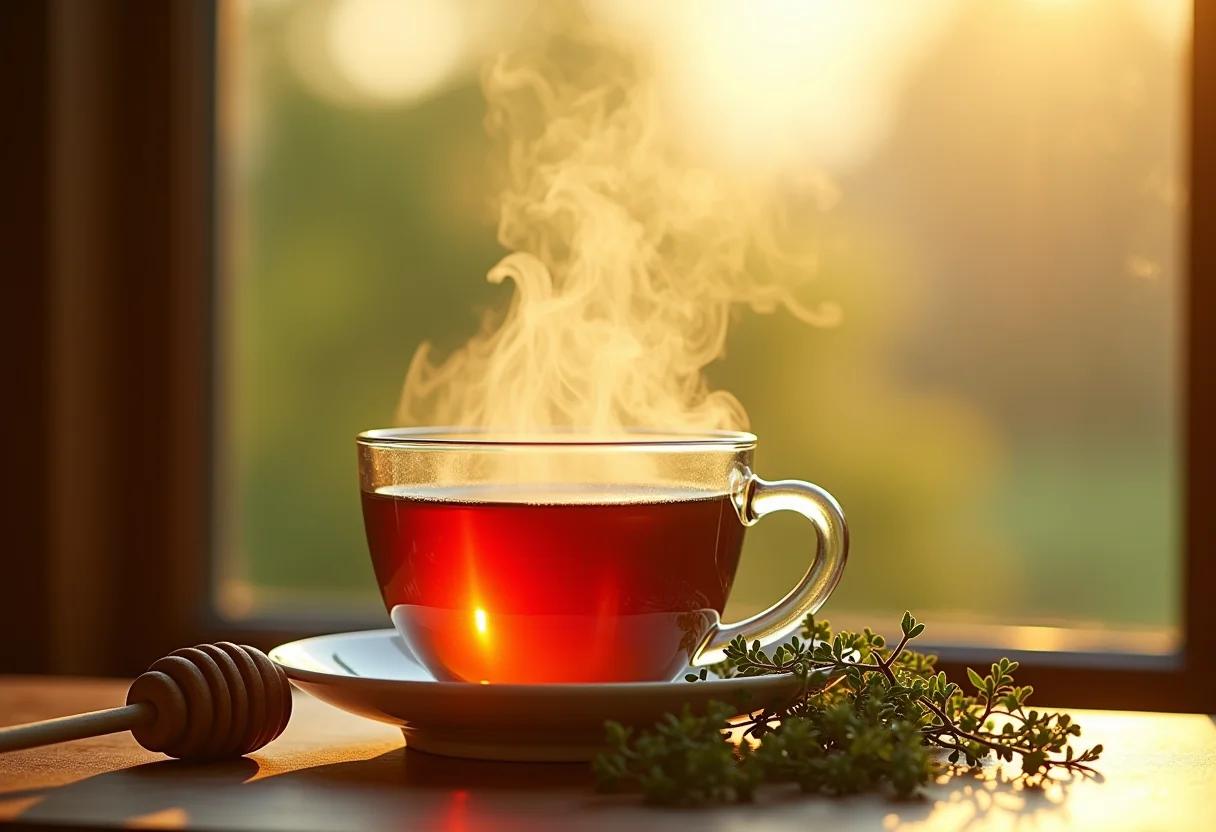 Xícara de chá de tomilho fumegante com raminhos de tomilho e mel.