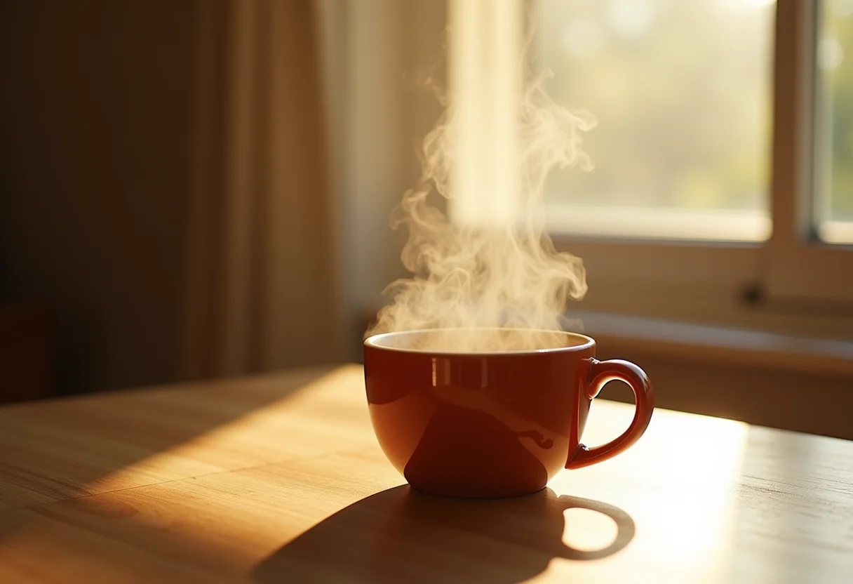 Xícara de chá de ulmeira fumegante sob a luz do sol