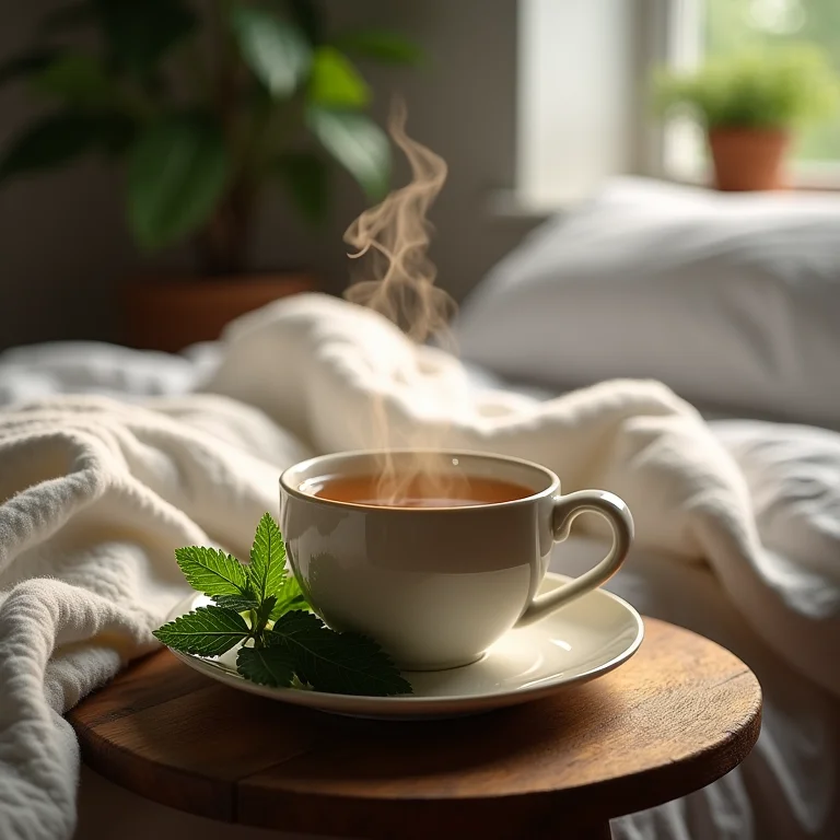 Xícara de chá de urtiga fumegante ao lado de uma cama aconchegante
