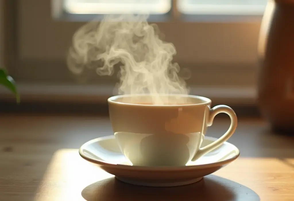 Xícara de chá preto com leite fumegante
