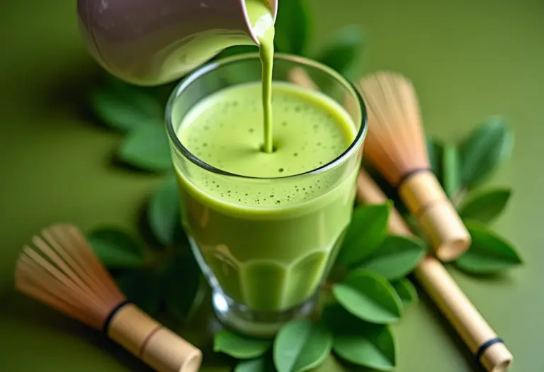 Xícara de matcha latte com folhas de chá verde ao redor.