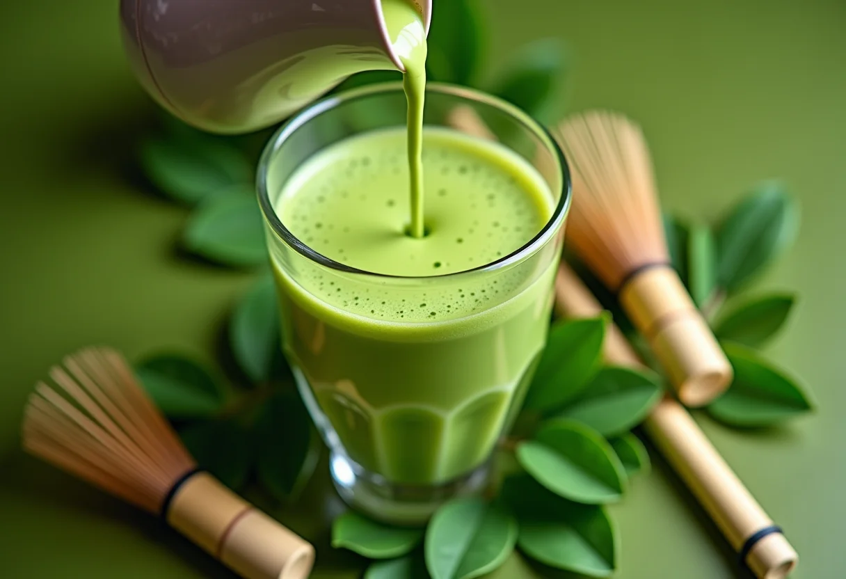 Xícara de matcha latte com folhas de chá verde ao redor.