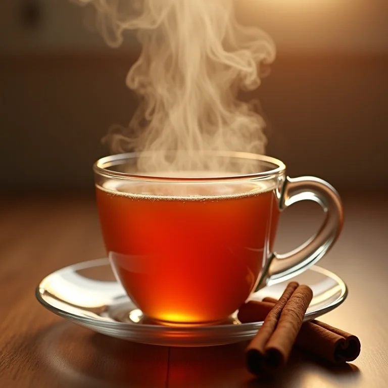 Xícara fumegante de chá de canela simples com paus de canela ao lado