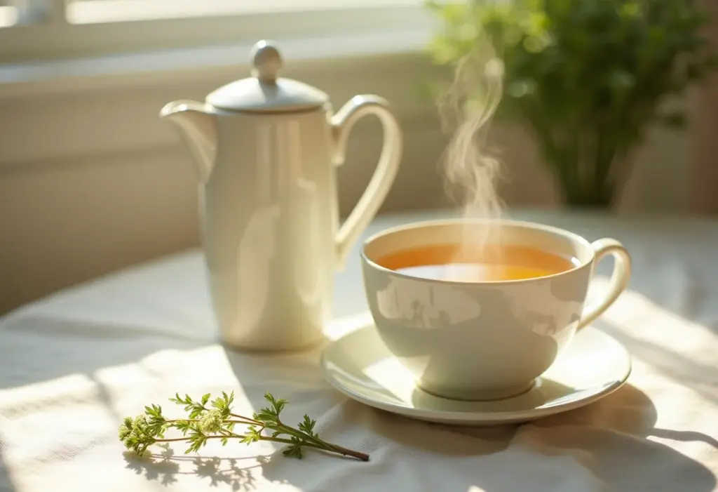 Xícara fumegante de chá de cavalinha com raminhos frescos e bule de porcelana.