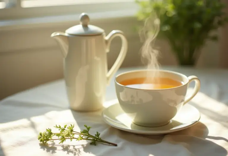 Xícara fumegante de chá de cavalinha com raminhos frescos e bule de porcelana.