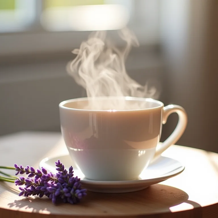 Xícara fumegante de chá de lavanda