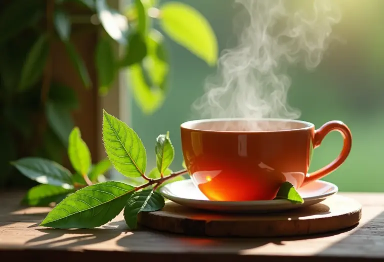 Xícara fumegante de chá de poejo caseiro