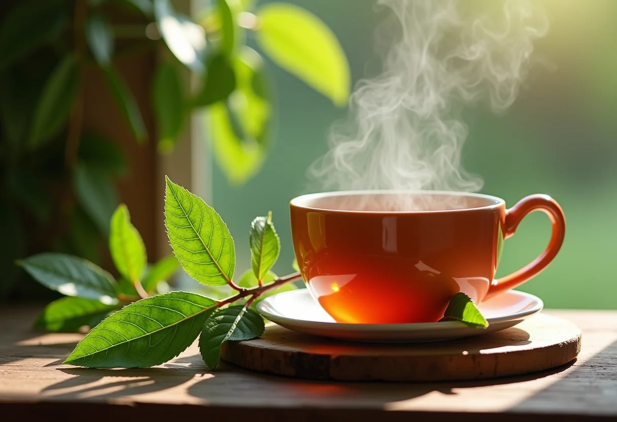 Xícara fumegante de chá de poejo caseiro