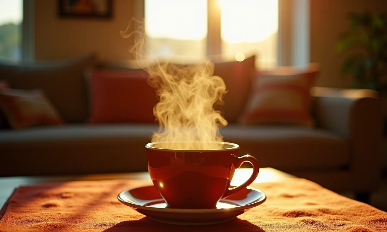 Xícara fumegante de chá masala em ambiente aconchegante.