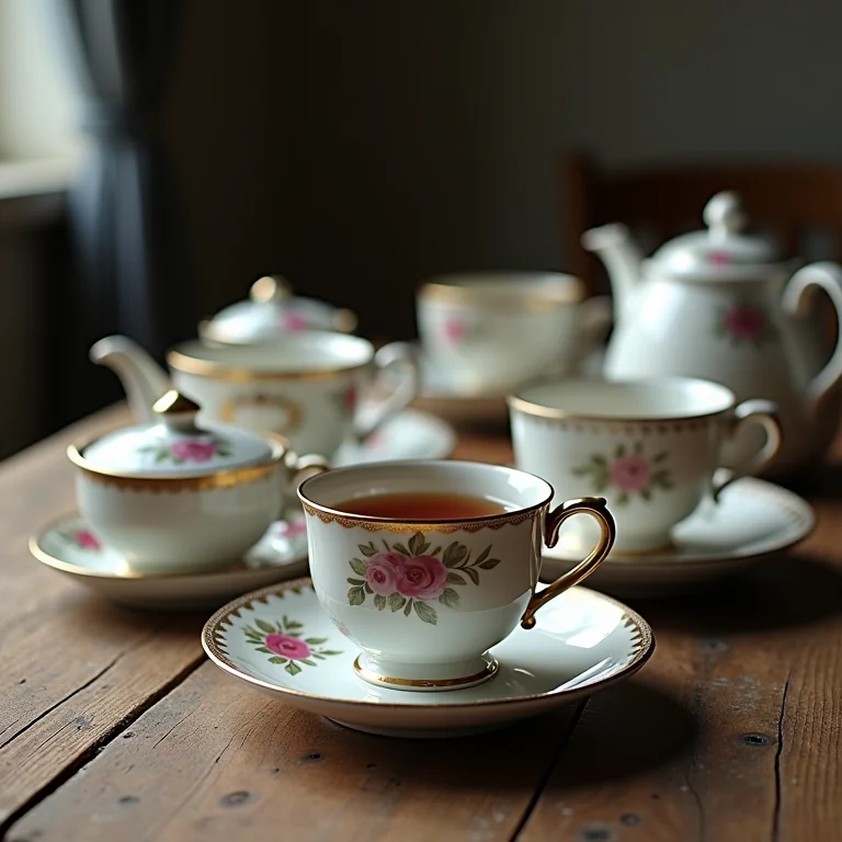 Xícaras de chá vintage dispostas em uma mesa