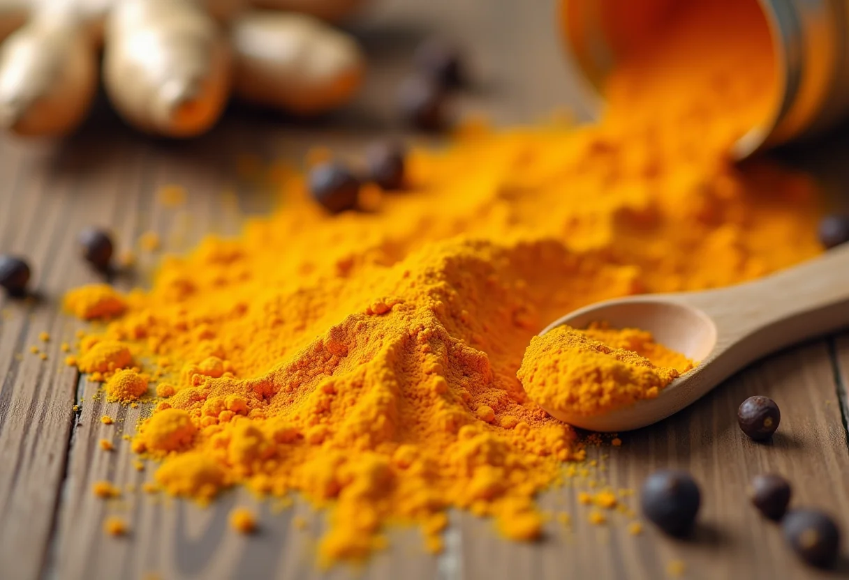 Açafrão da terra, gengibre e pimenta preta em close editorial