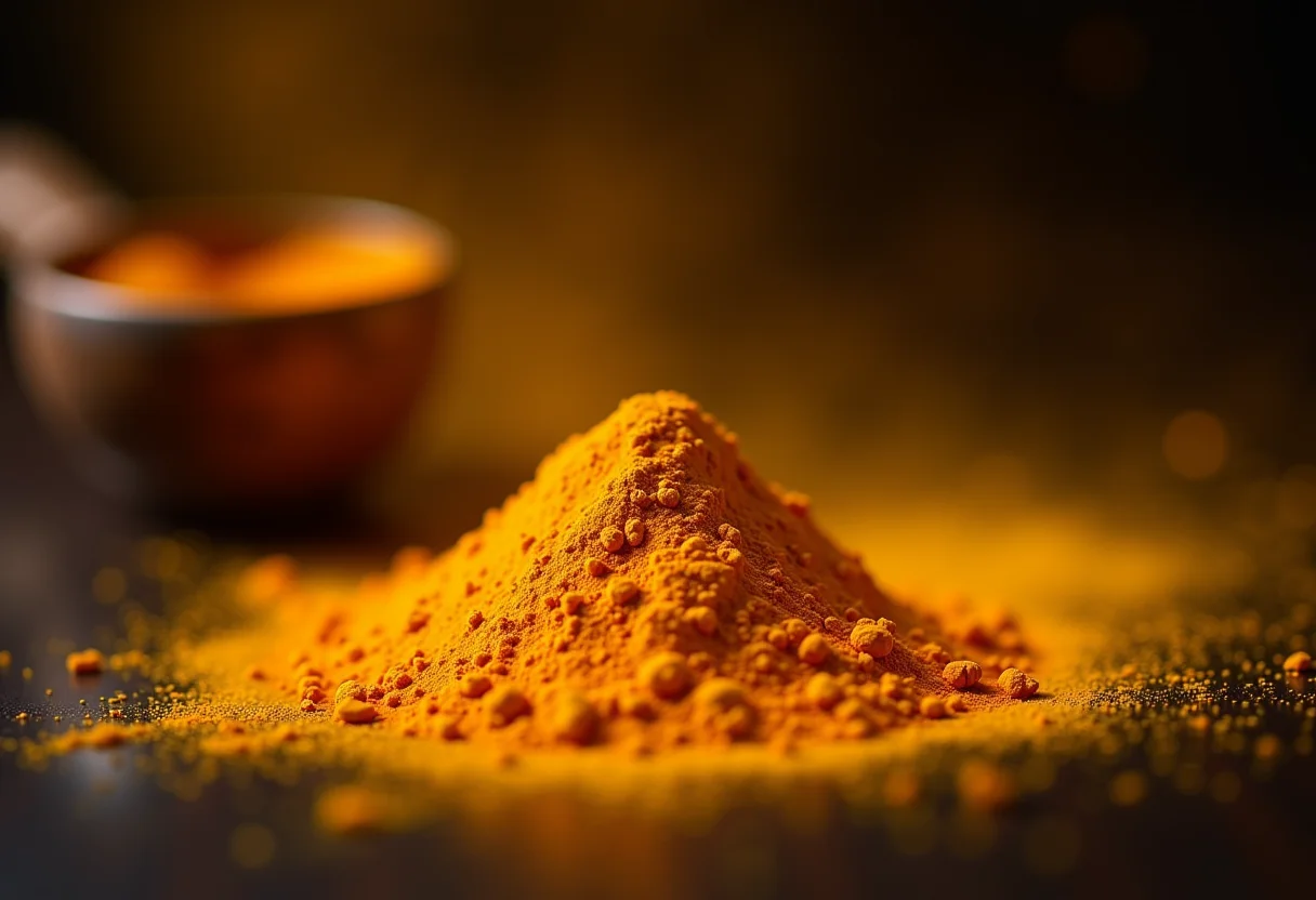 Açafrão da terra vibrante derramando sobre madeira escura.