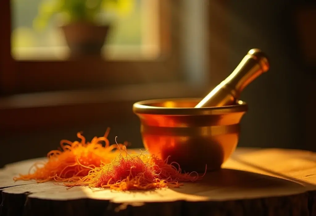 Açafrão em fios e um pilão dourado sobre mesa de madeira rústica