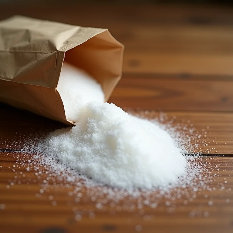 Açúcar granulado sendo derramado sobre uma superfície de madeira.