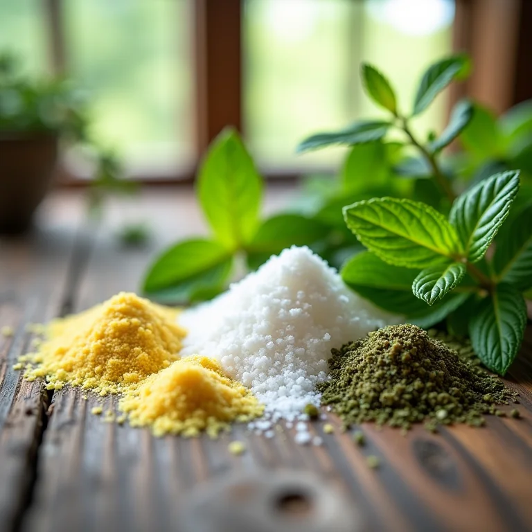 Adoçantes artificiais ao lado de ervas frescas