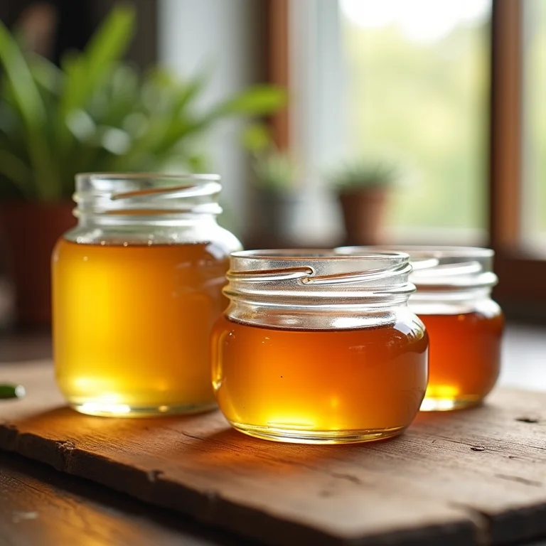 Adoçantes naturais como mel, agave e maple syrup em potes de vidro.