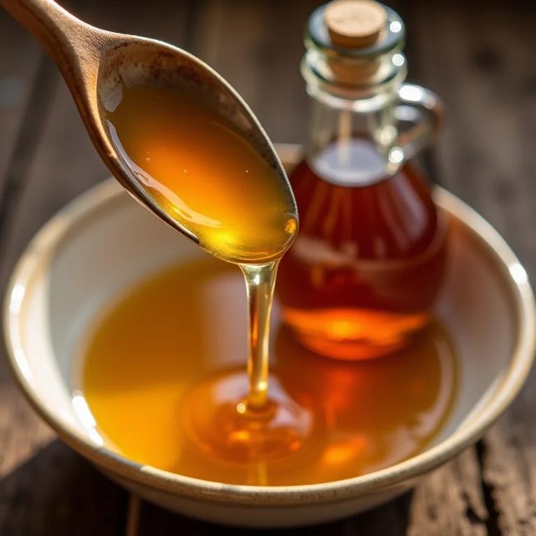 Adoçantes naturais como mel escorrendo de uma colher, maple syrup em garrafa e agave em tigela.