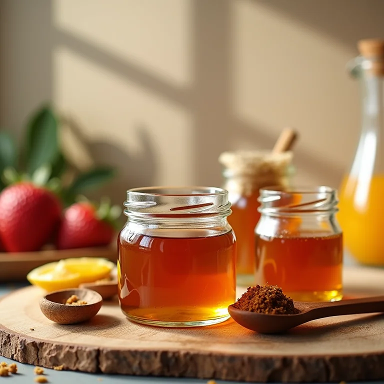 Adoçantes naturais como mel, maple syrup e agave em potes de vidro.