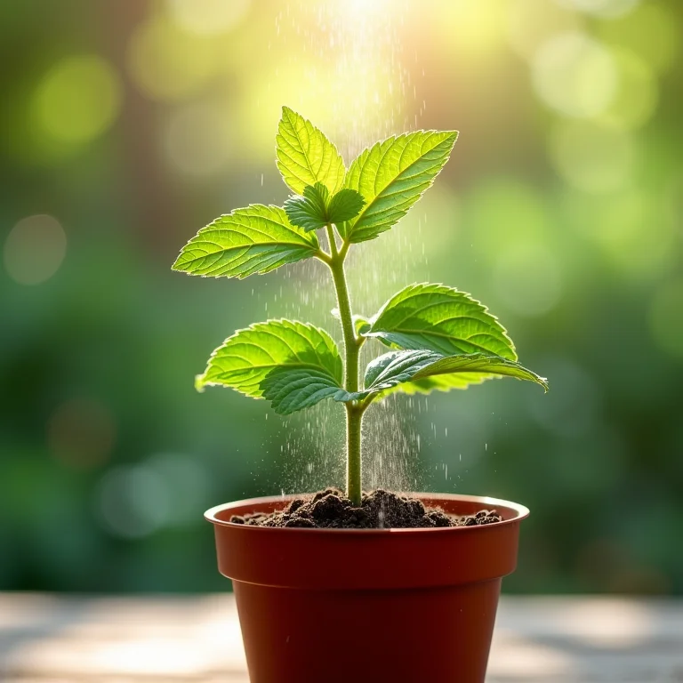 Adubando planta de hortelã com fertilizante orgânico.