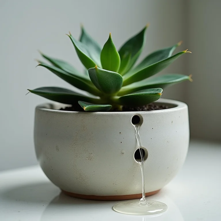 Água escorrendo pelos furos de drenagem de um vaso de suculenta