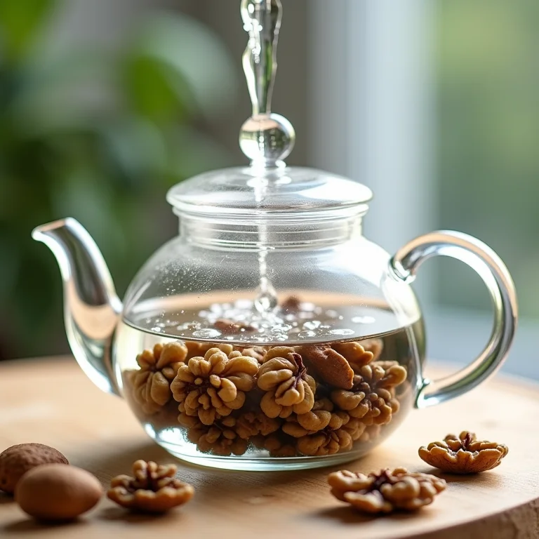 Água pura sendo despejada em bule com folhas de nogueira