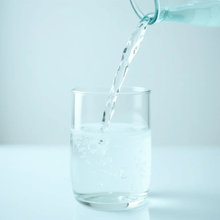 Água pura sendo vertida de um jarro de vidro para um copo.