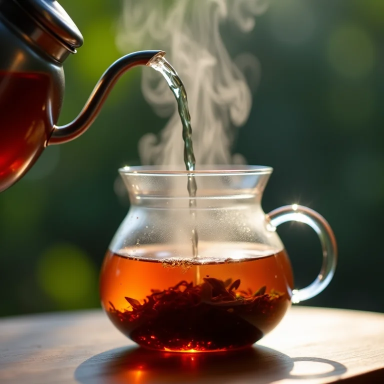 Água quente sendo despejada em bule de vidro com chá de folhas soltas