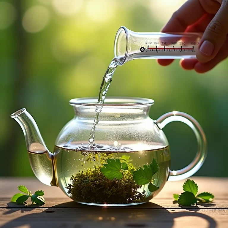 Água sendo despejada em bule de vidro com ervas, termômetro indicando a temperatura.