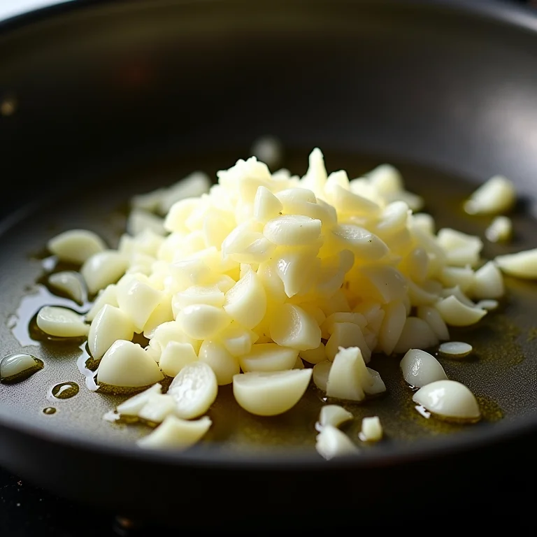 Alho e cebola refogando em azeite para a base perfeita do omelete.