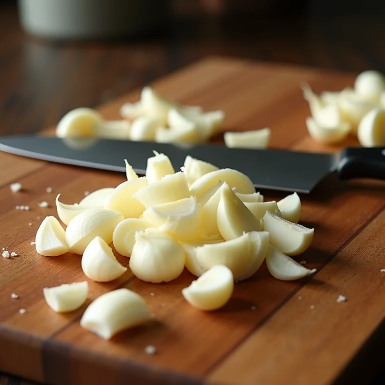 Alho fatiado finamente para fritura.
