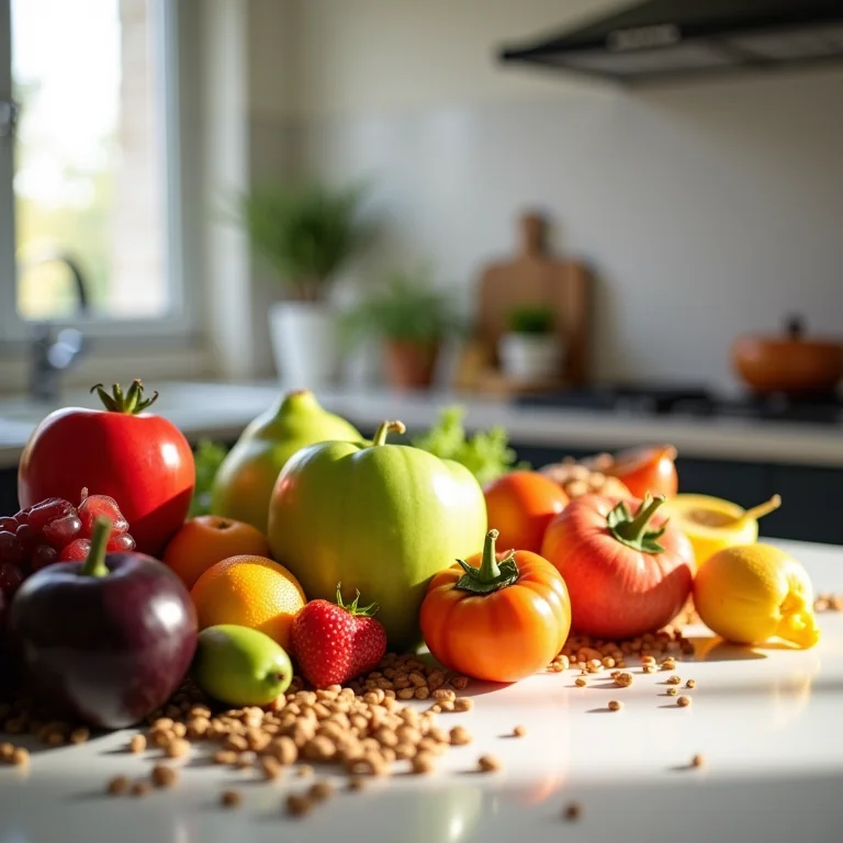 Alimentos saudáveis em destaque na cozinha, com opções não saudáveis ao fundo